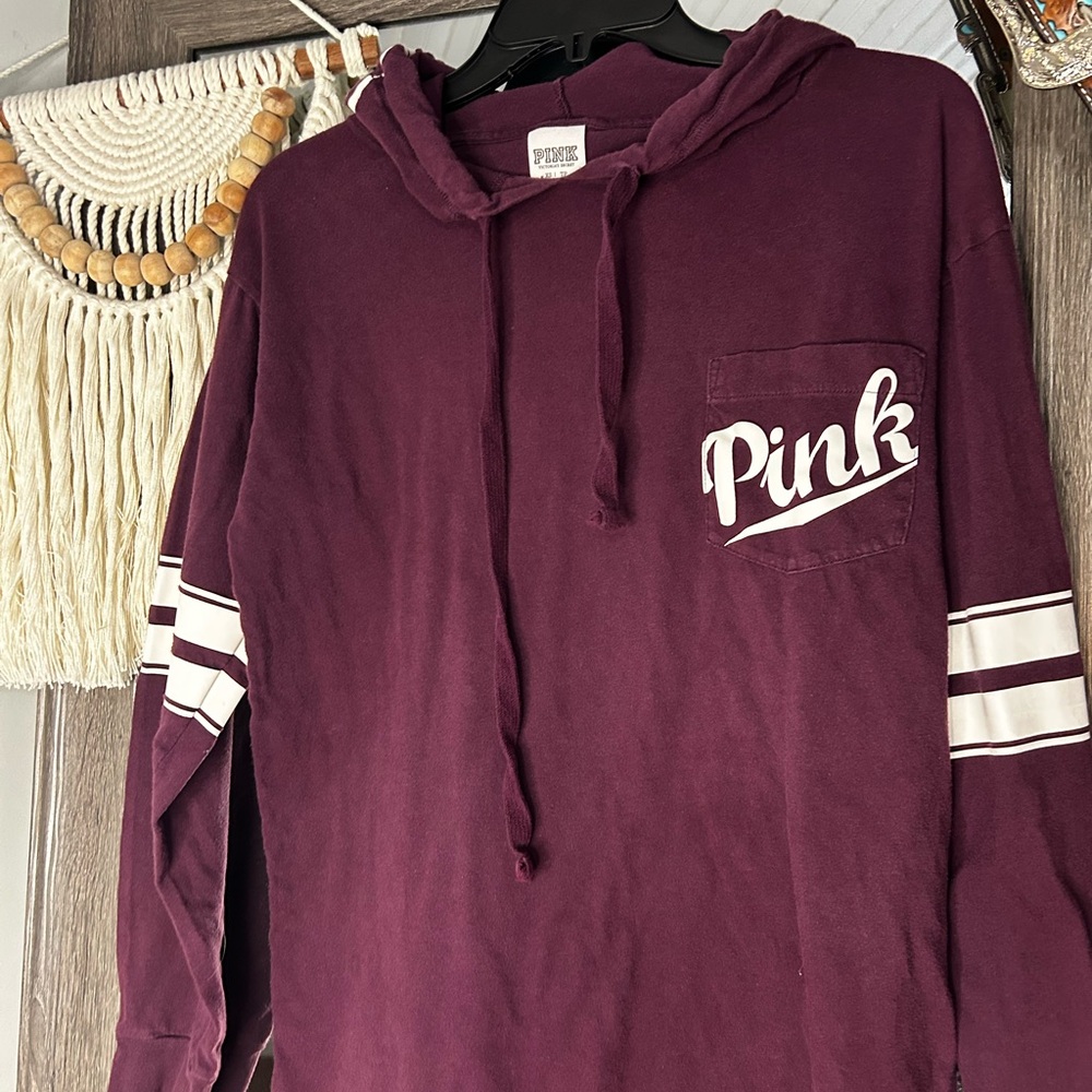PINK Burgundy Hoodie with White Accents